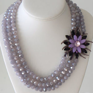 Lavender Purple Crystal Necklace w/ side Flower Handmade by Heftsi design